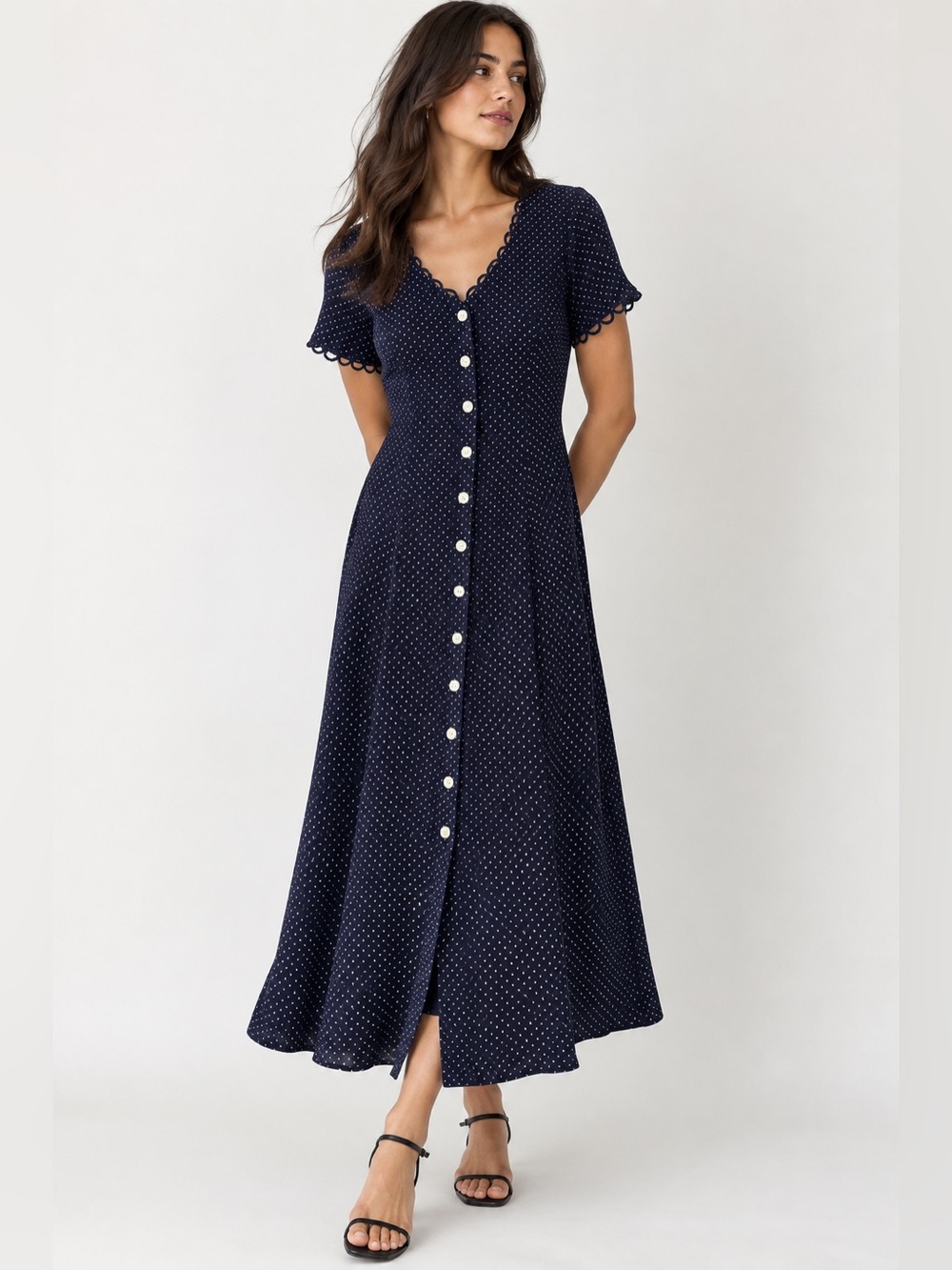 Vintage 90s Laundry Shelli Segal Navy Polka Dot Midi Dress 10